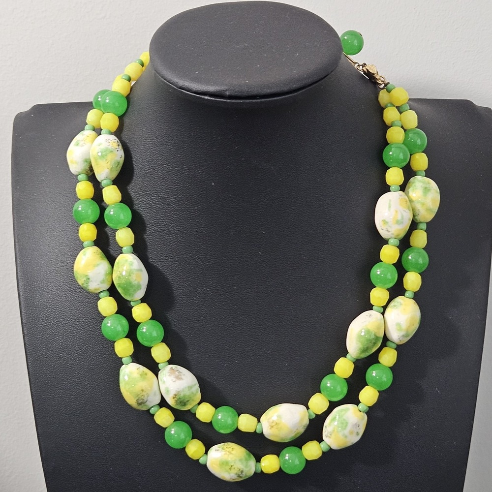 Vintage Hattie Carnegie Necklace 2 Strand Green Yellow Glass 16" Signed